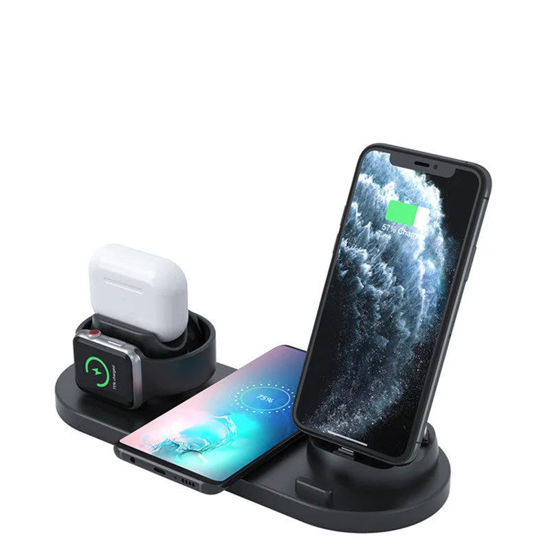 Black and white wireless charging station with phone holder showing multiple device charging pads