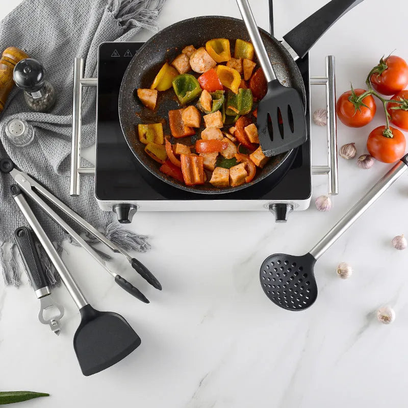 Black silicone kitchen spatula spoon set with stainless steel handles, 16-piece cooking utensil collection