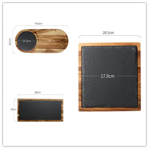 Black wooden pizza dish made from acacia wood and stone, multi-colour sets, on a table