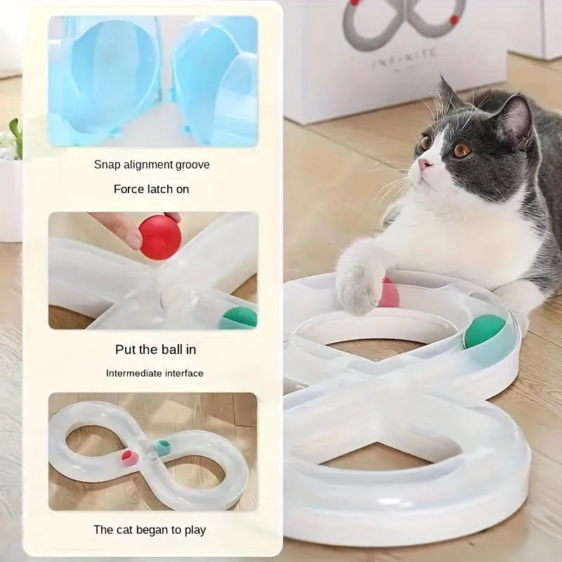 Blue and white cat toy set with turntable track ball system, teasing stick, and multiple balls