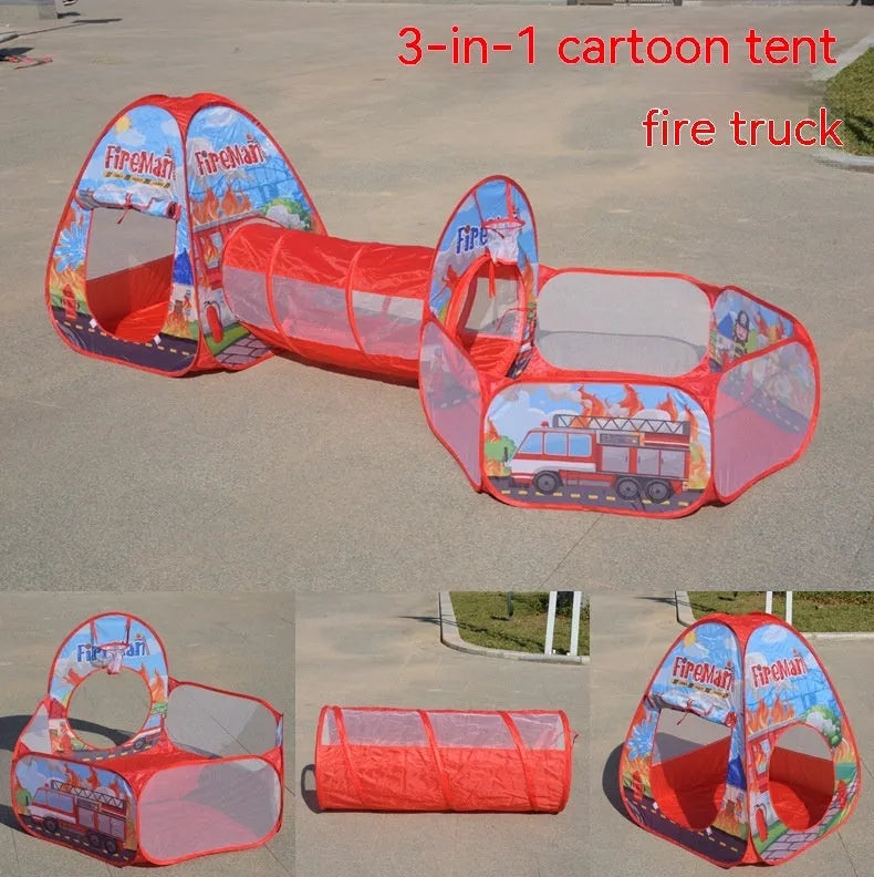 Children's three-in-one cloth play tent set with ball pool and tunnel in marine cartoon design