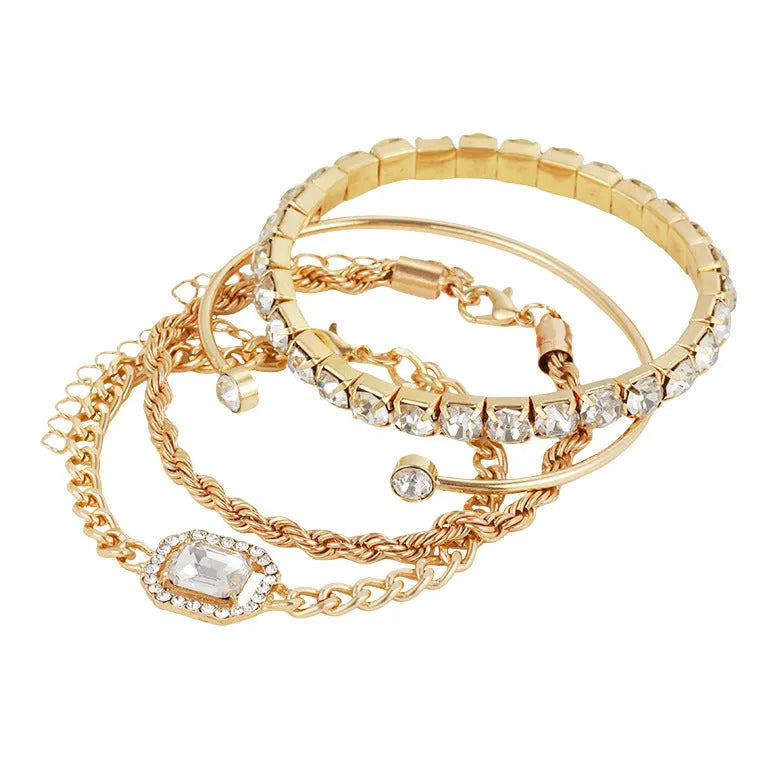 Set of 4 crystal bracelets - bohemian design, adjustable alloy, rhinestones, women's jewelry