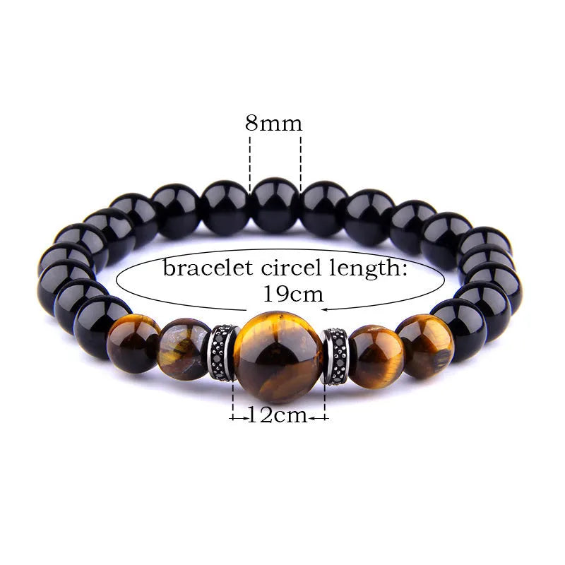 Men's natural stone bracelet with tiger eye beads, 8mm round, elastic, invisible clasp, brown stone with silver metal finish