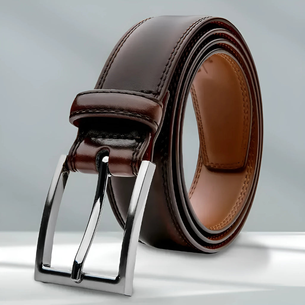 Men's brown genuine leather casual belt with an alloy buckle on a white background.