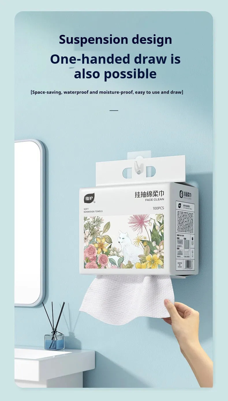 Disposable face cloth roll with removable hanging hook showing soft towel sheets