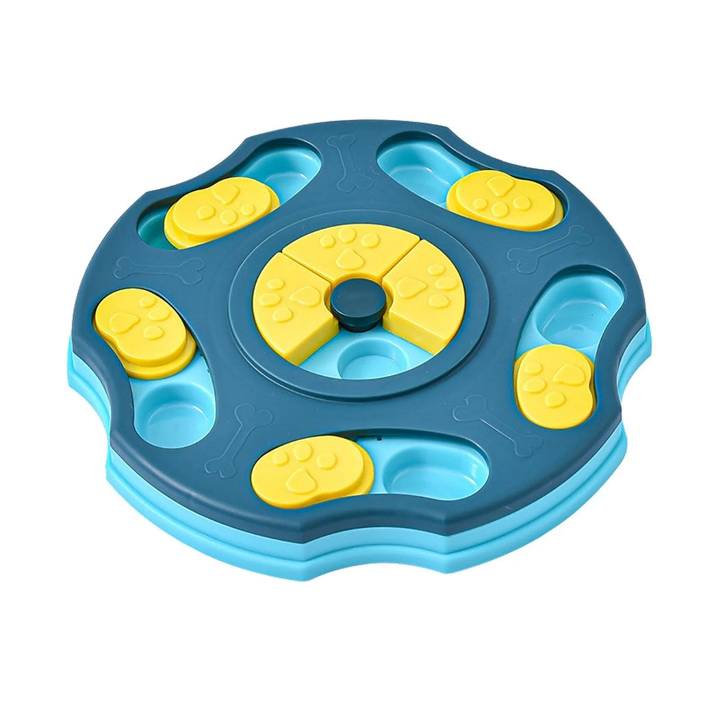 Blue and pink dog puzzle feeder toy for aggressive chewers, a food-searching interactive game.