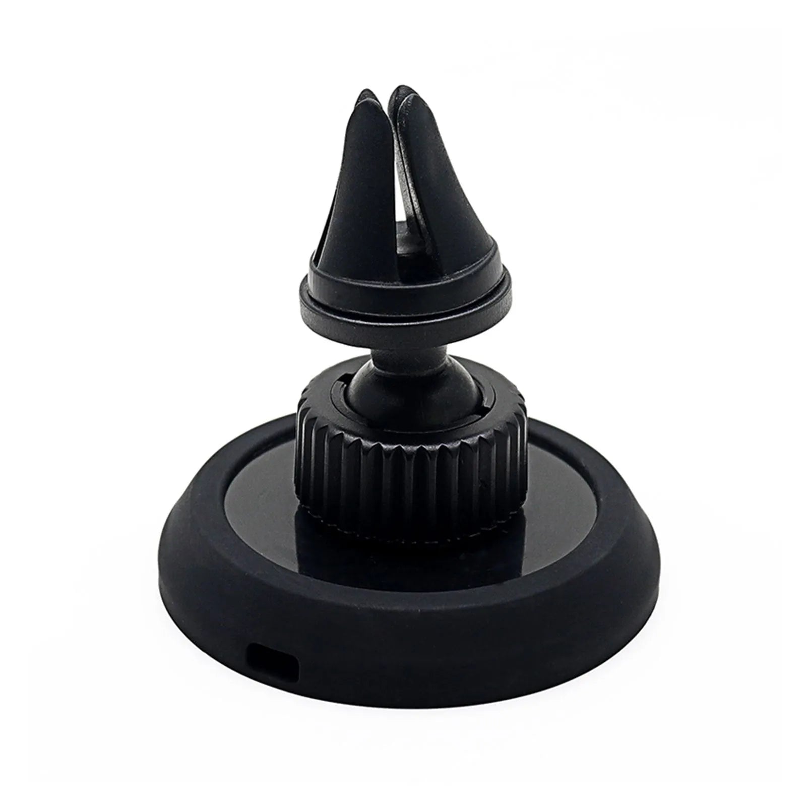 Black car magnetic mobile phone holder mounted on vehicle dashboard