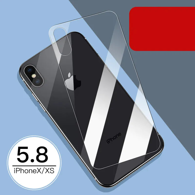 Apple iPhone tempered glass screen protector set showing front and rear film with true 10D explosion-proof construction