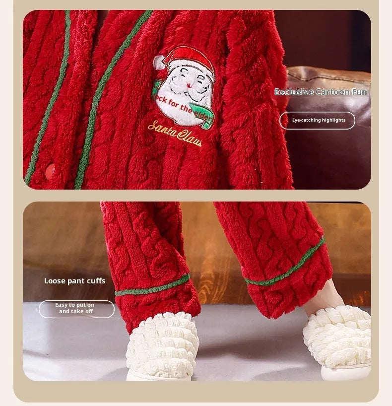 Winter women's flannel homewear set in red Christmas print with long sleeves and trousers on model