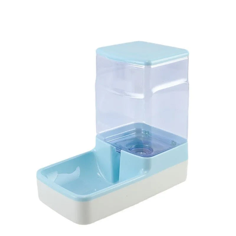 Portable automatic cat feeding and drinking station in blue, measuring 27x15.5x27cm