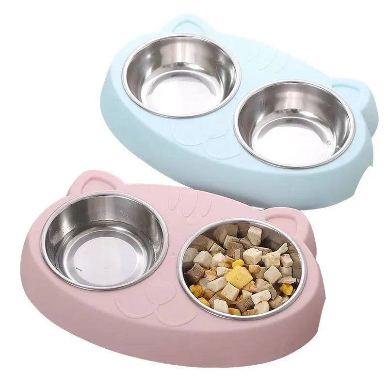 Blue macaron-shaped plastic pet feeder with two bowls for cat food and water