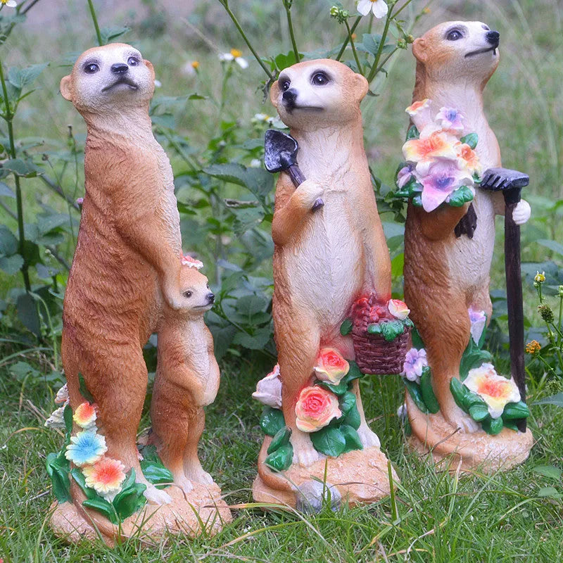 Straw hat mongoose plastic resin garden ornaments in three colour variations