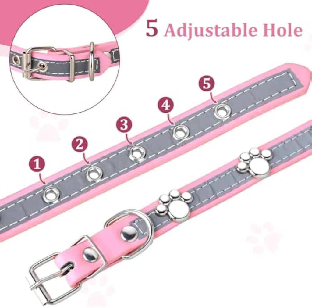 Reflective brown leather dog collar with metal buckle and paw print rivet, shown on a size chart.