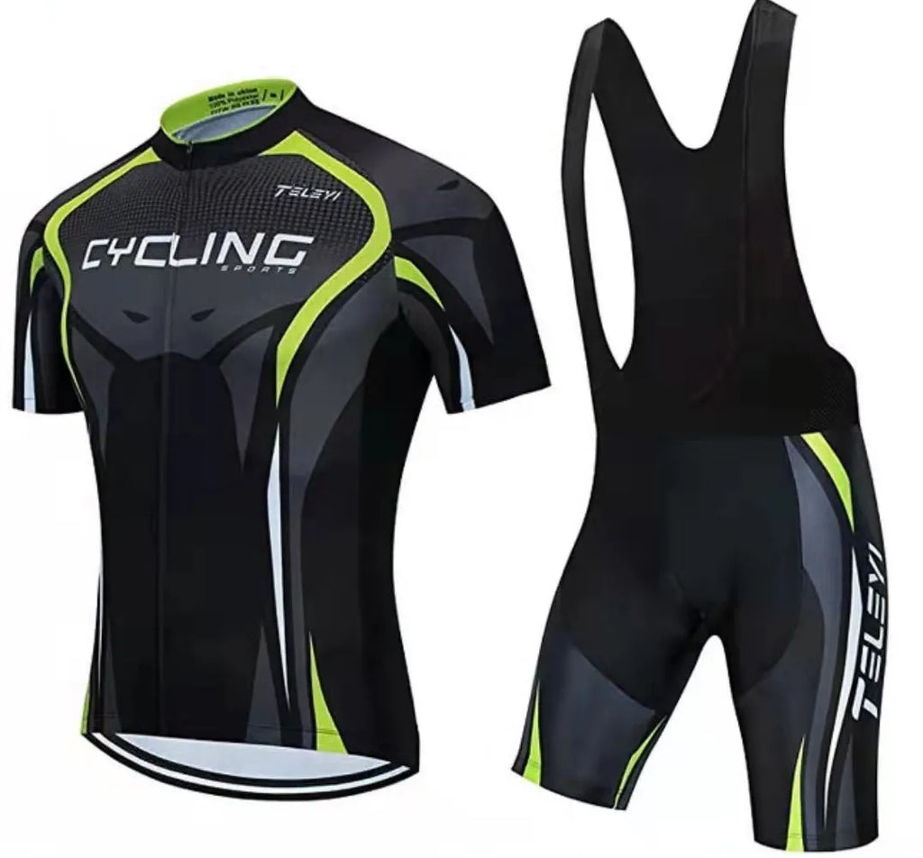 A person wearing a cycling jersey and shorts from a unisex summer cycling set.