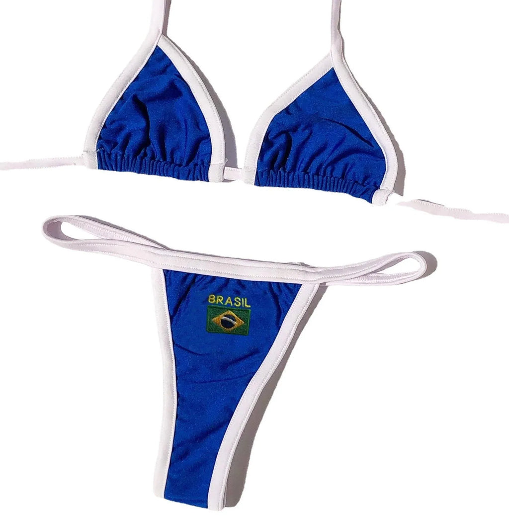 Women's blue sweet style summer bikini set with T-back top and shorts bottoms on hanger