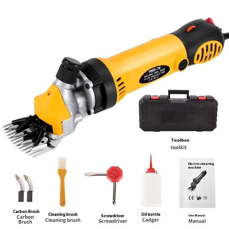 Yellow electric wool shearing machine with 13-tooth blade and multiple knife options for sheep