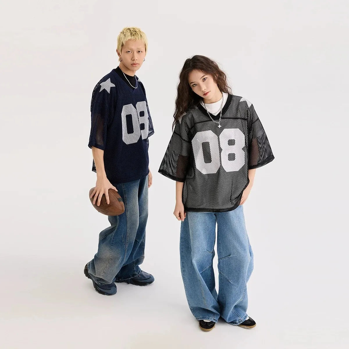 Black and navy blue half sleeve shirt with letter pattern, loose fit pullover design
