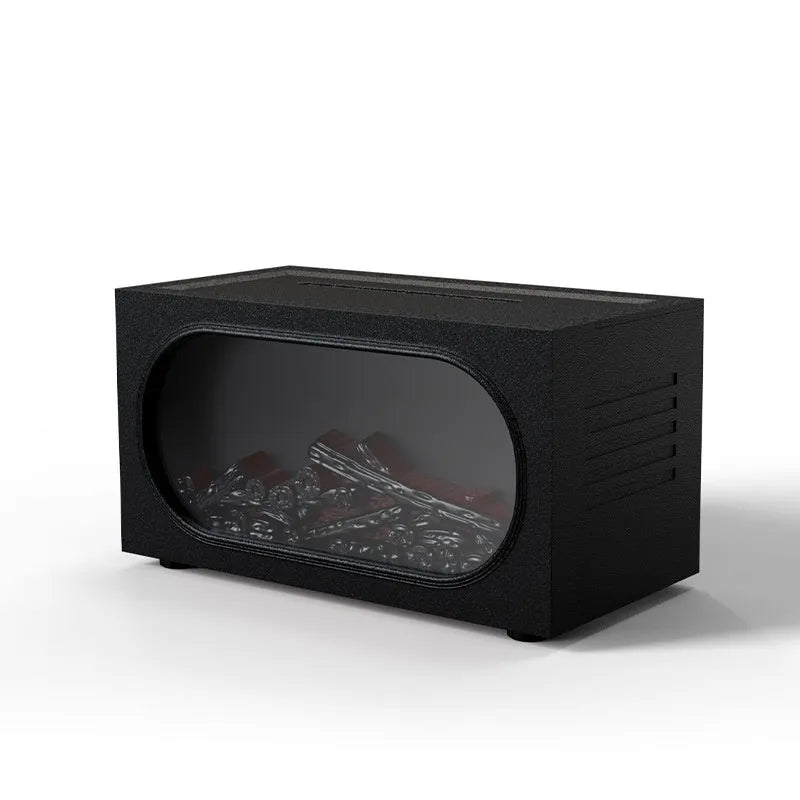 Black desktop fireplace aroma diffuser with colourful simulation flame and remote control