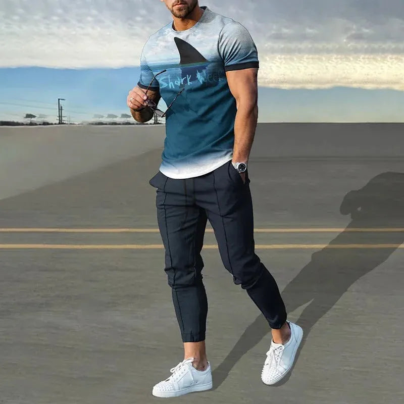 Men's lightweight polyester sports tracksuit set with short sleeve top and trousers on a mannequin.