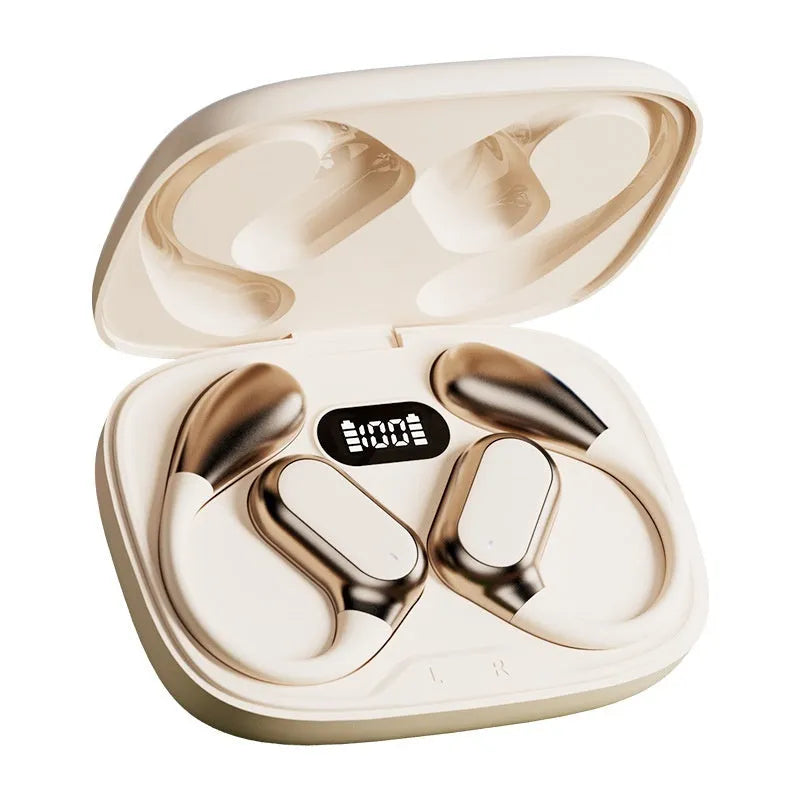 Q11 ear hook Bluetooth headset in Supreme Enamel White with digital display showing battery level