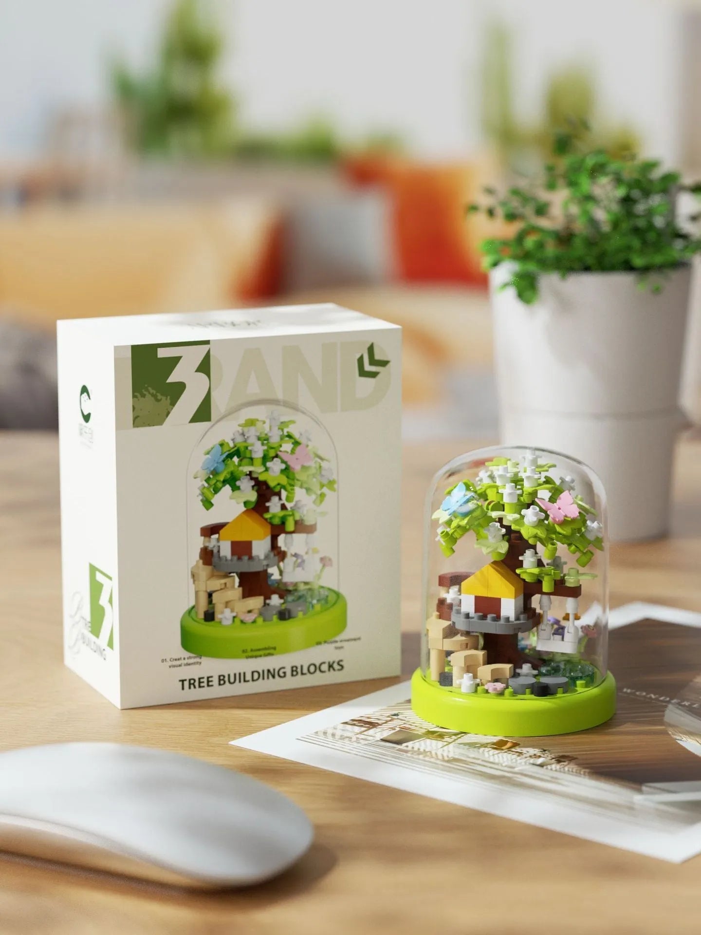 Micro particle ABS building block cherry blossom tree house puzzle set in colour box