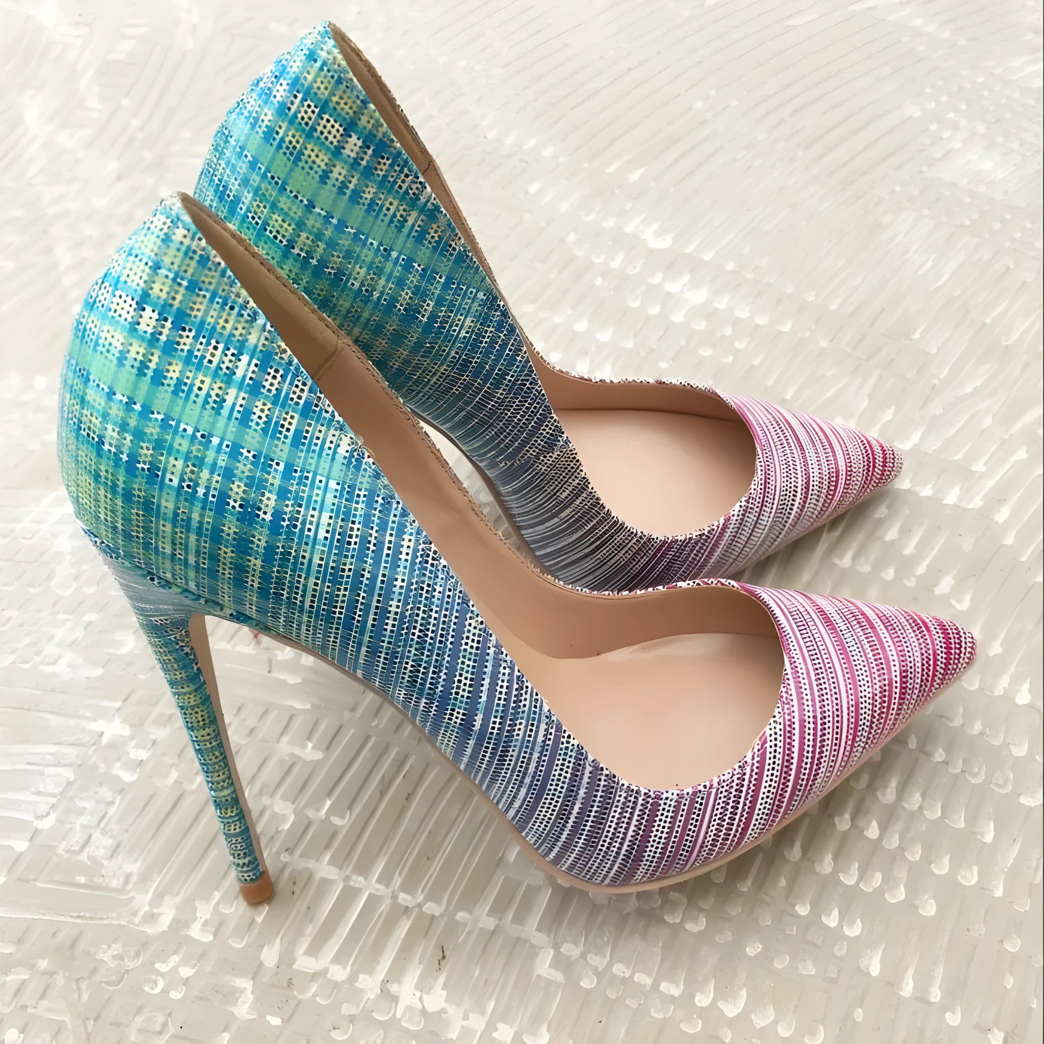 Pink to blue gradient patent leather pointed toe high heels with super-high heel