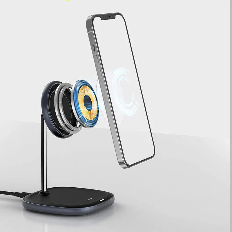 Magnetic wireless charging desktop stand for Apple iPhone 12 in black colour with Type-C cable