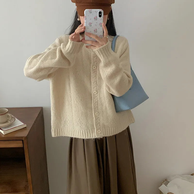 Korean-style loose knit cardigan coat in artistic retro design, shown in apricot colour