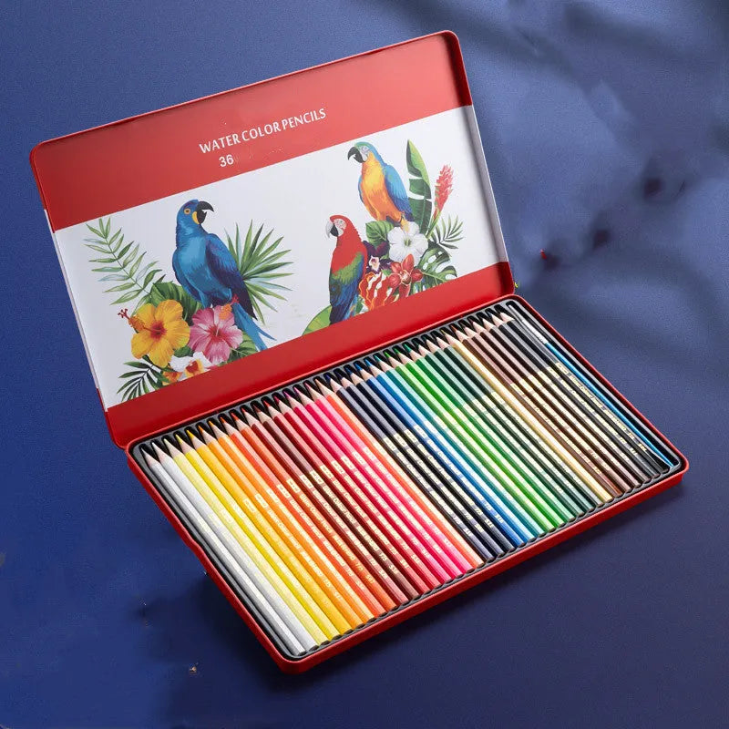 Water-soluble and oil-based colour pencil drawing set in tin box with 36 colours
