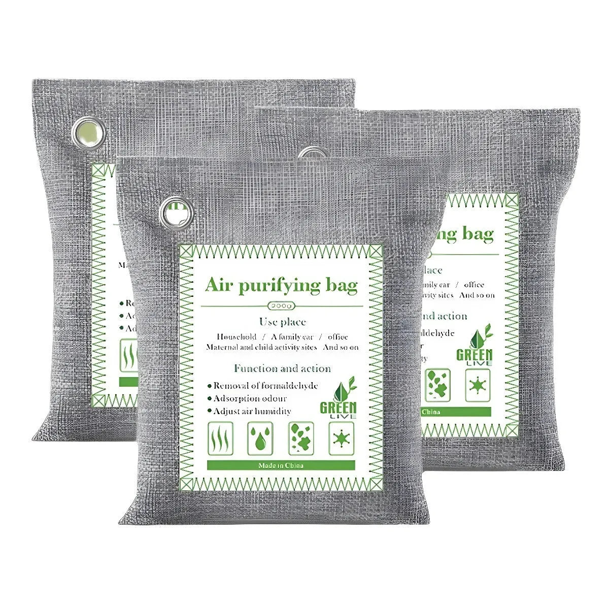 Bamboo charcoal wrapped activated carbon bag for formaldehyde removal in 100g, 200g, and 500g sizes.