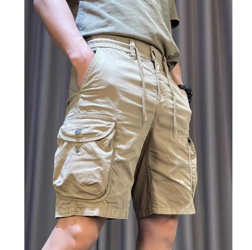 Korean style loose straight overalls pants with multiple pockets in micro-elastic polyester fabric