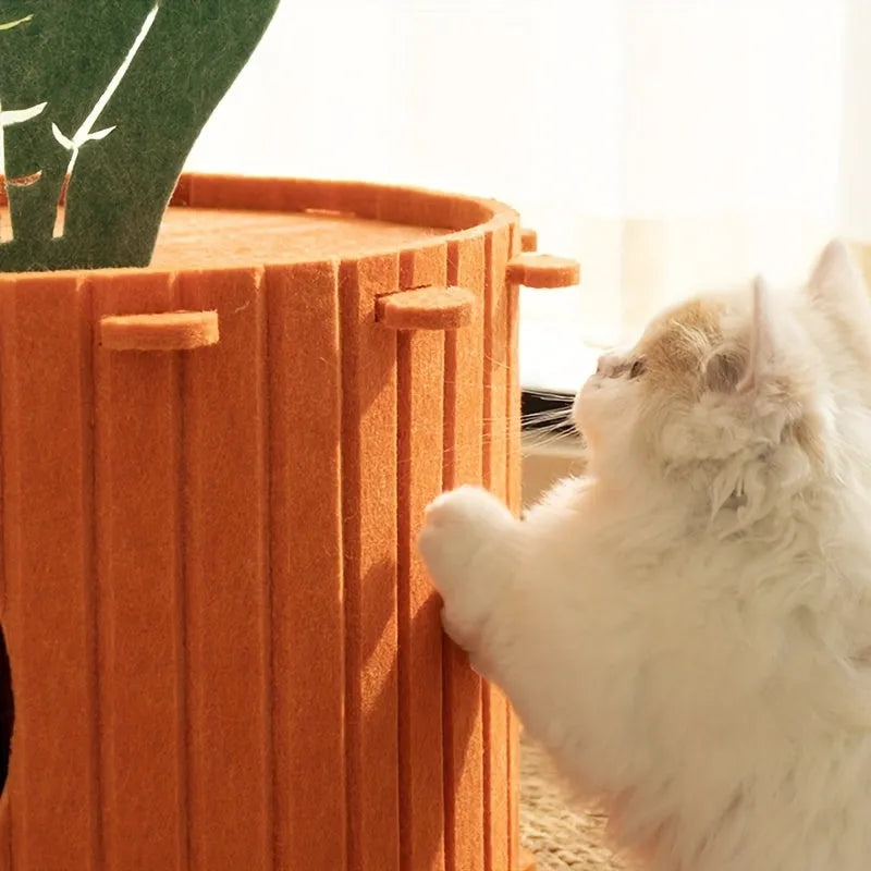 A soft grey felt cat tunnel nest shaped like a carrot, shown in a semi-enclosed tunnel design.