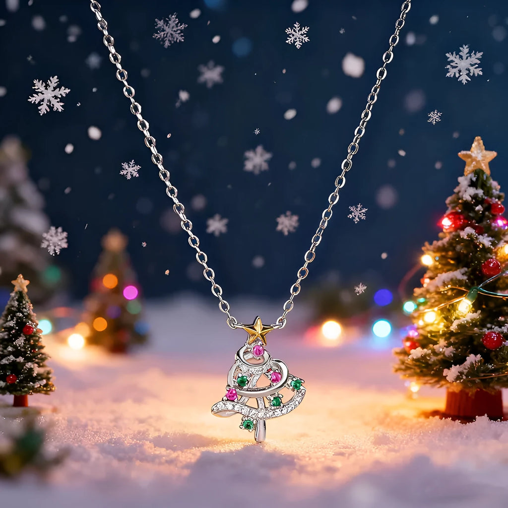 Two-tone copper Christmas tree necklace with inlaid zircon and adjustable O-ring chain on white background