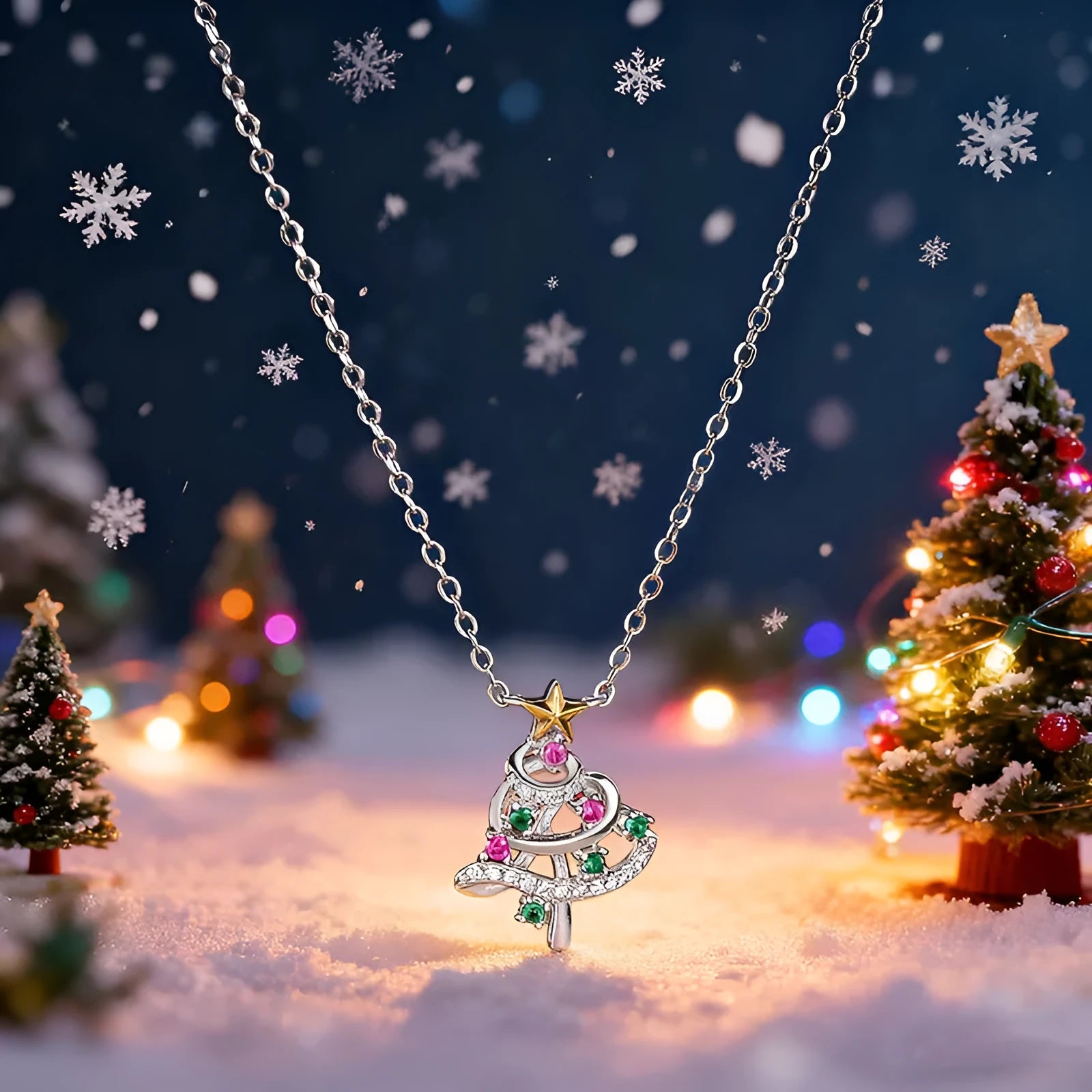 Two-tone copper Christmas tree necklace with inlaid zircon and adjustable O-ring chain on white background