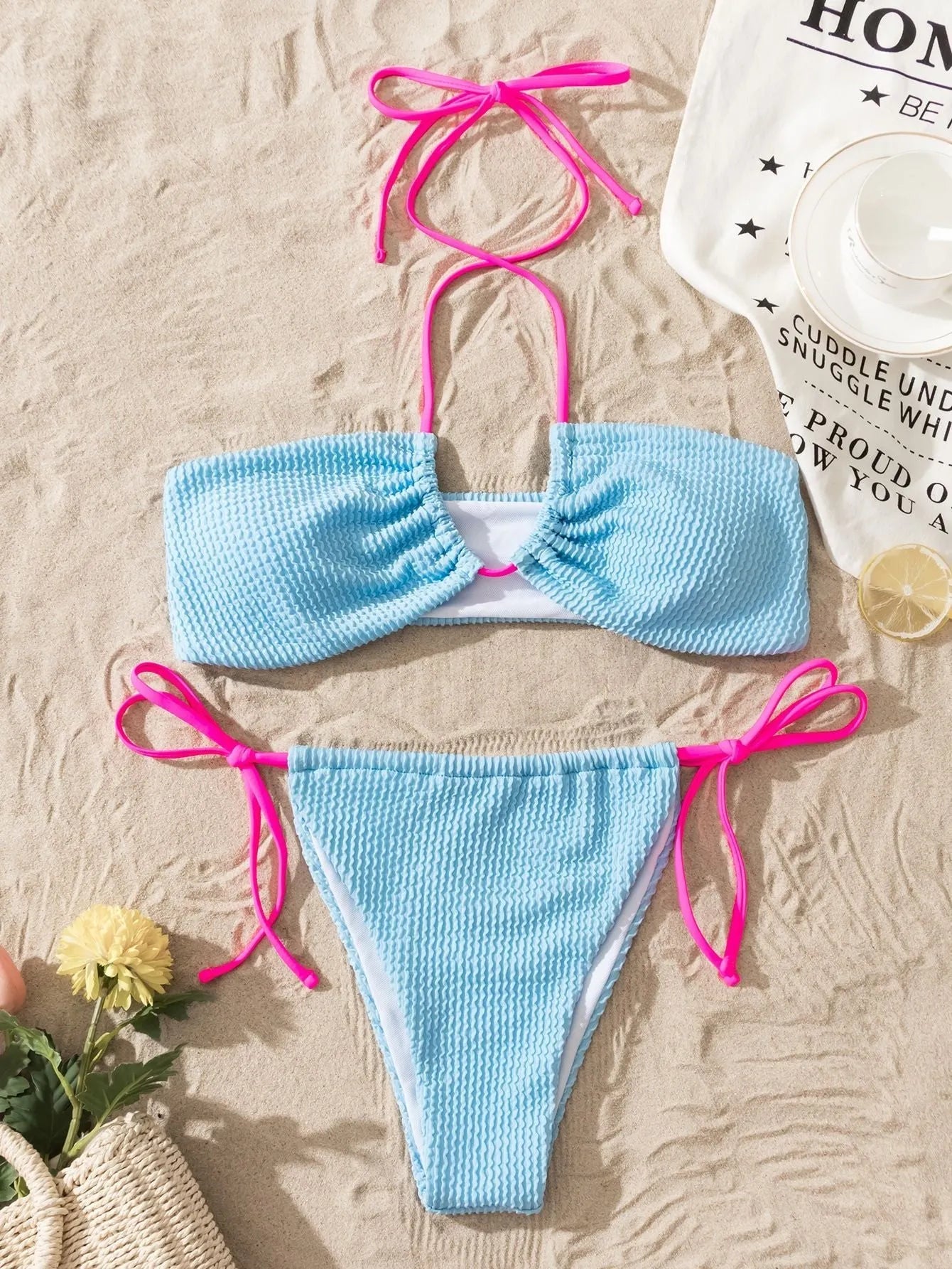 Solid colour women's seperated swimwear with halter lace-up top and high-waist briefs in picture colour