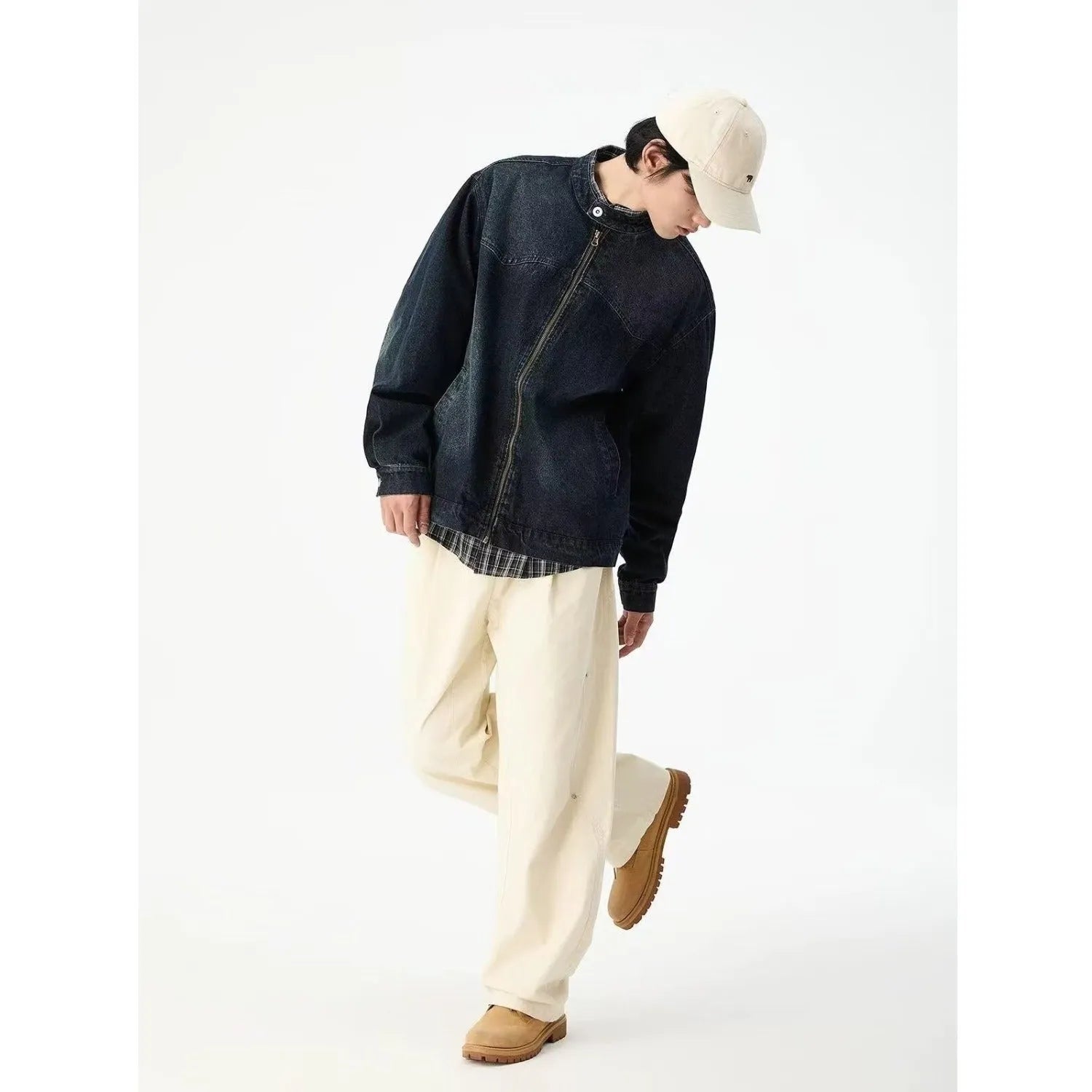 Men's washed vintage denim jacket dark blue long sleeves straight hem polyester