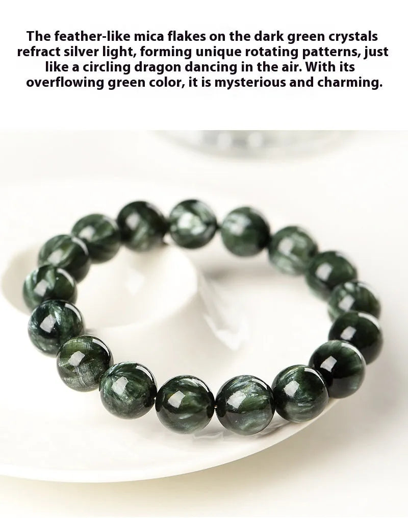 Green dragon crystal bracelet with 8-9mm round beads featuring Ruyi design elements