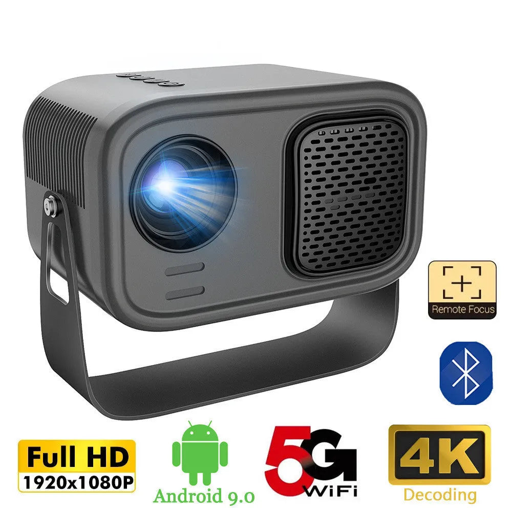 Black portable HD smart projector with remote control on table