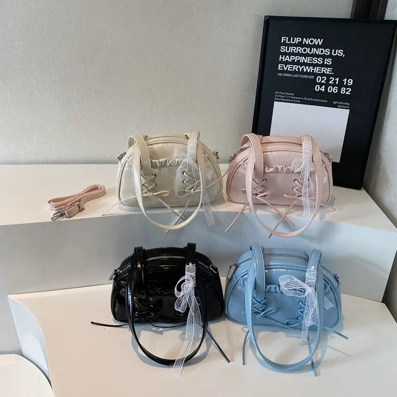 Women's bandage bow PU leather shoulder handbag with mobile phone compartment in beige colour
