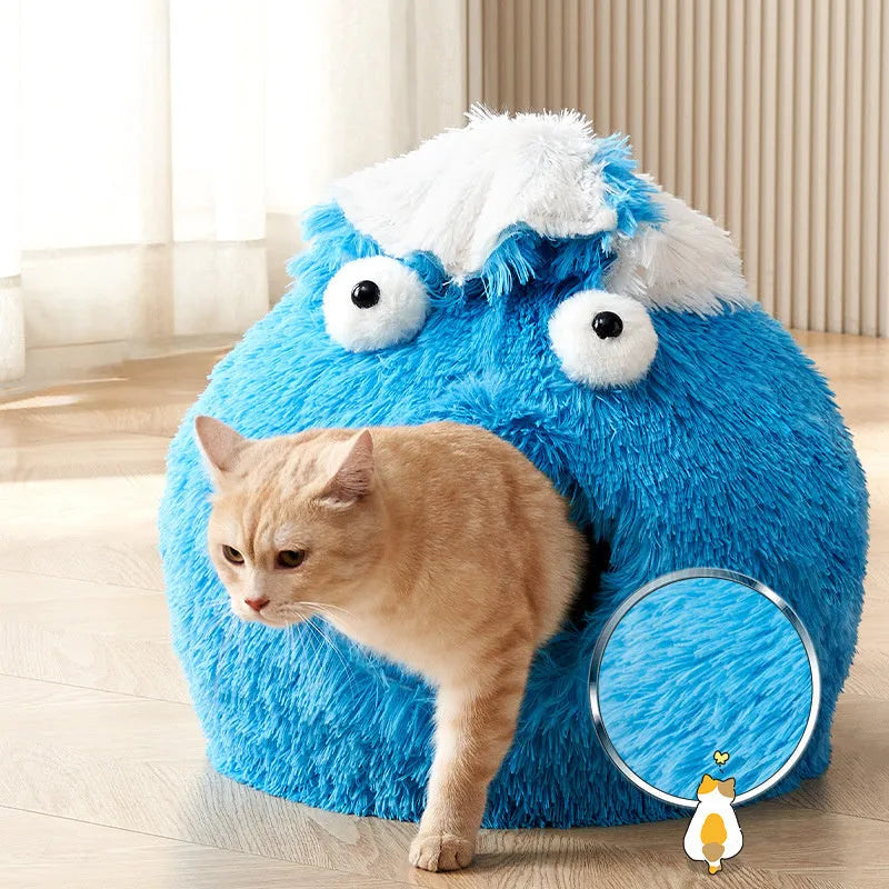 Warm winter cat nest closed sleeping house in soft plush material, available in blue, green, pink, purple, white