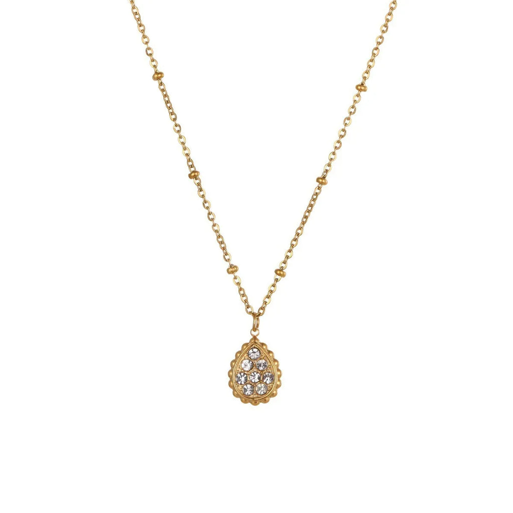 Set of three stainless steel geometric pendant necklaces with 18K electroplating: star, moon, and water drop shapes on regular chains.