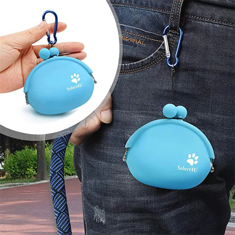 Silicone dog training treat bag with waist clip in blue green orange pink yellow colours
