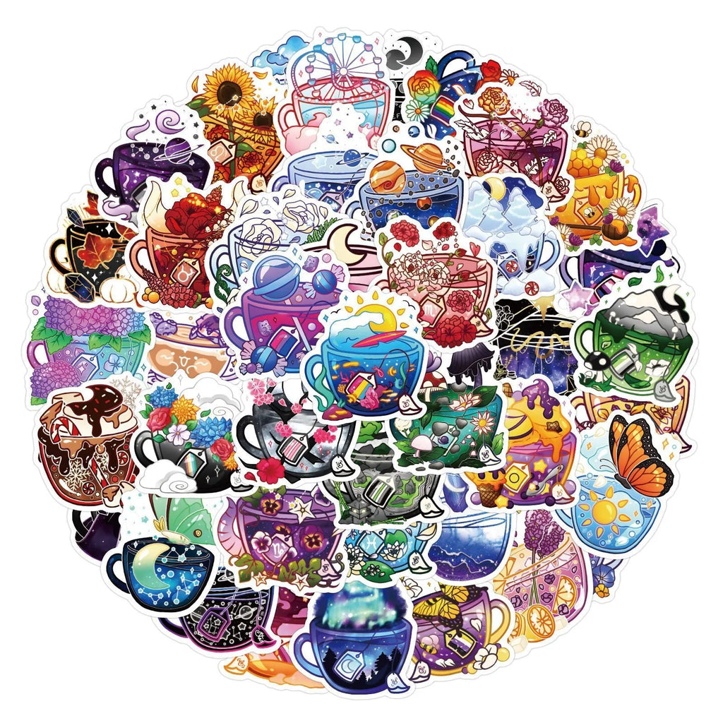 Colourful tea cup graffiti design stickers on scooter and luggage, 50 piece waterproof vinyl pack