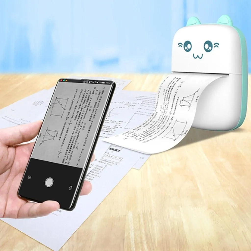 Mini Bluetooth thermal printer in pink with paper roll and phone app interface