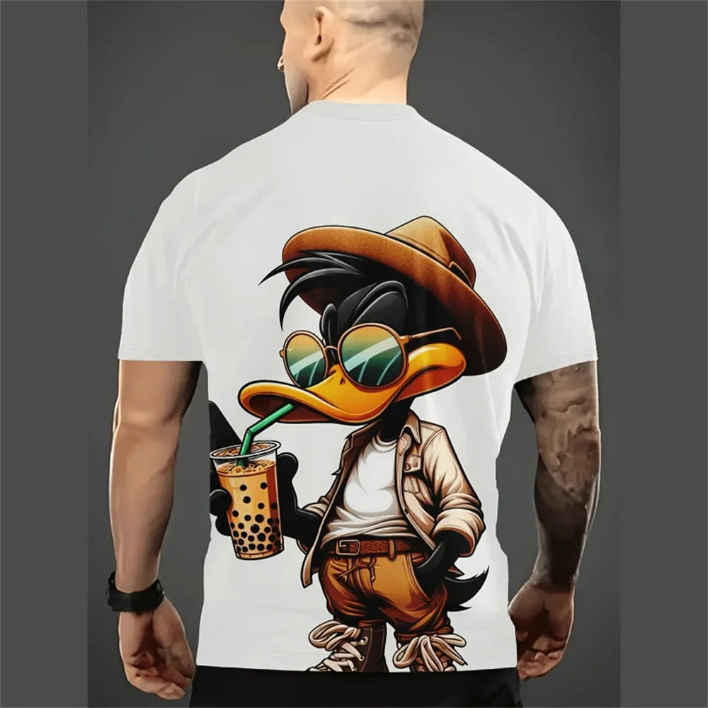 Man wearing a loose casual short sleeve shirt with a 3D cartoon pattern, made from thin milk silk fabric.