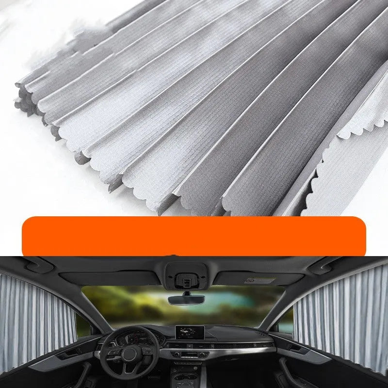 Retractable car sunshade curtain in thick opaque cloth with roller shutter mechanism