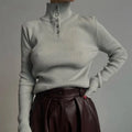 Retro breast half turtleneck pullover sweater slim fit silver gray core-spun yarn cotton lined