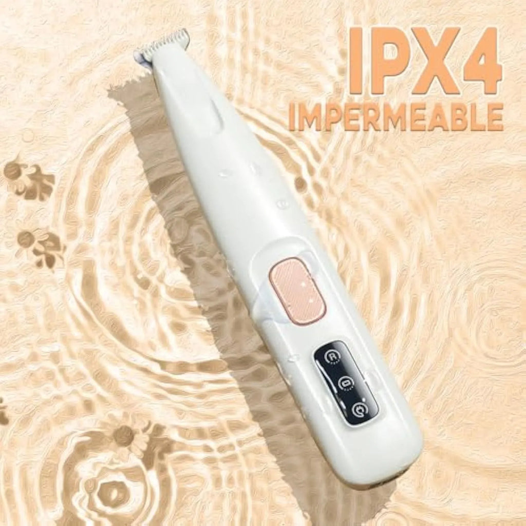 White rechargeable electric dog paw trimmer with LED light showing grooming blade and compact design
