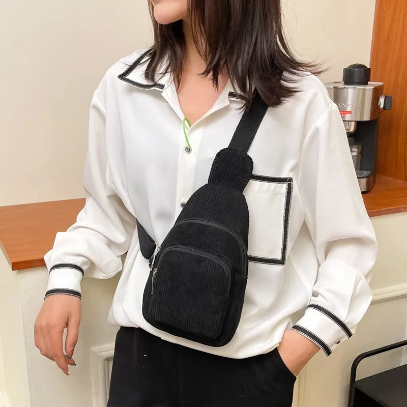 Flannel corduroy cross-body shoulder bag in beige with single strap and vertical square shape