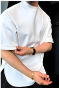 Men's white round hem t-shirt with a buttoned placket, made from cotton-blend jersey fabric